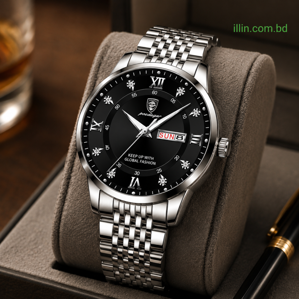 POEDAGAR Men Watch Fashion Luxury Stainless Stain Business Quartz Watches Waterproof Luminous Week Date Men‘s Wristwatch- Black