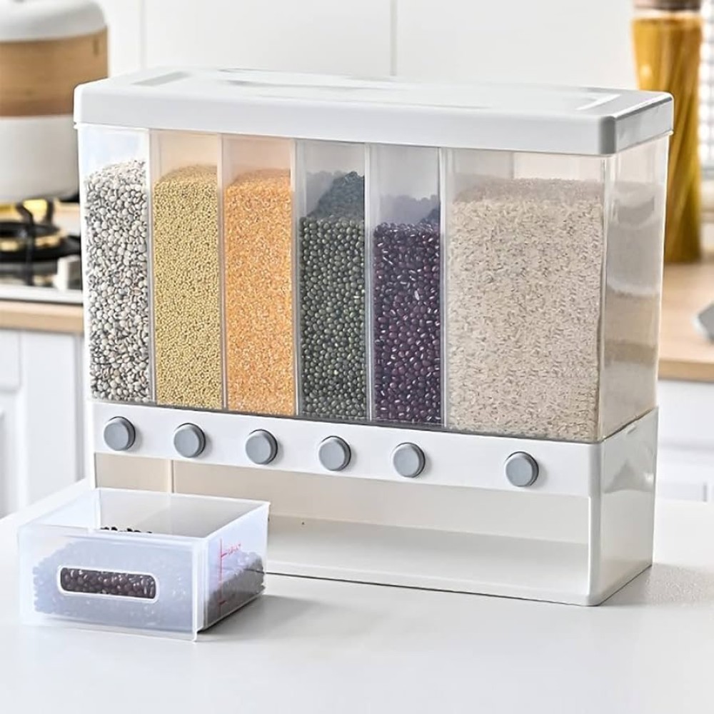 Taylor & Brown 6 in 1 Wall Mounted Plastic Rice Dispenser 10kg Food Bucket Transparent Rice Grain Storage Container Dry Food Fruit Cereal Storage Box Tank for Home Kitchen, White